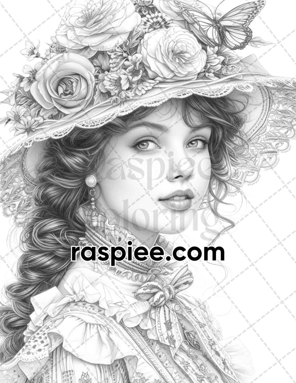 62 Spring Victorian Girl Portraits Grayscale Adult Coloring Pages, Printable PDF Instant Download