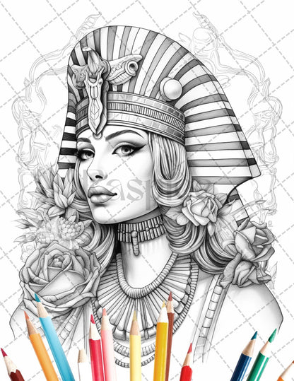 35 Ancient Egyptian Queens Coloring Book Printable for Adults, Grayscale Coloring Page, PDF File Instant Download