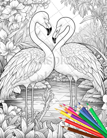 Flamingo Oasis Grayscale Coloring Pages Printable for Adults, PDF File Instant Download