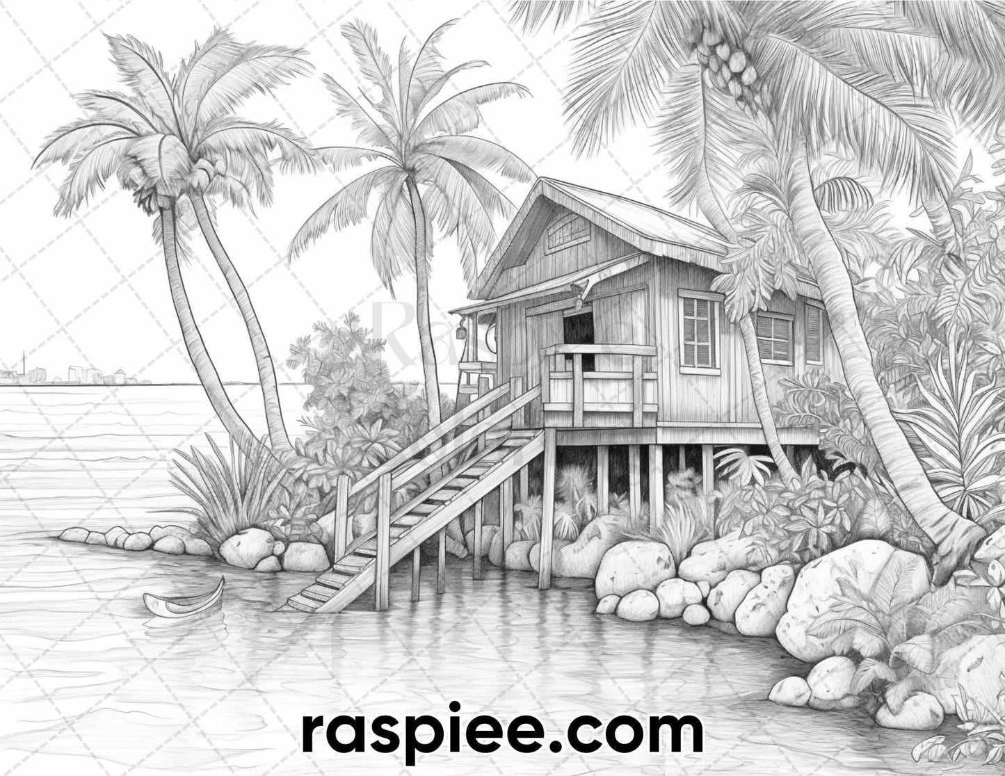 50 Tropical Paradise Grayscale Adult Coloring Pages, Printable PDF Instant Download
