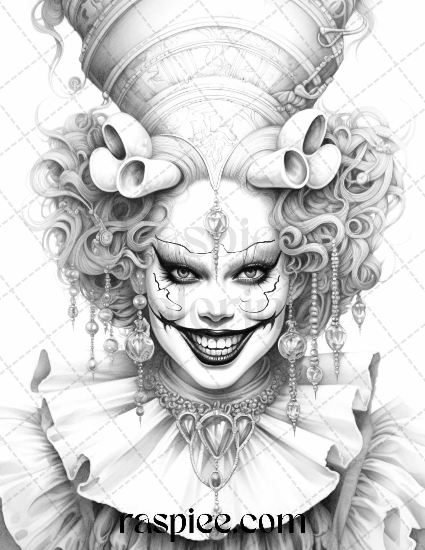 50 Scary Clown Girls Grayscale Coloring Pages Printable for Adults, PDF File Instant Download