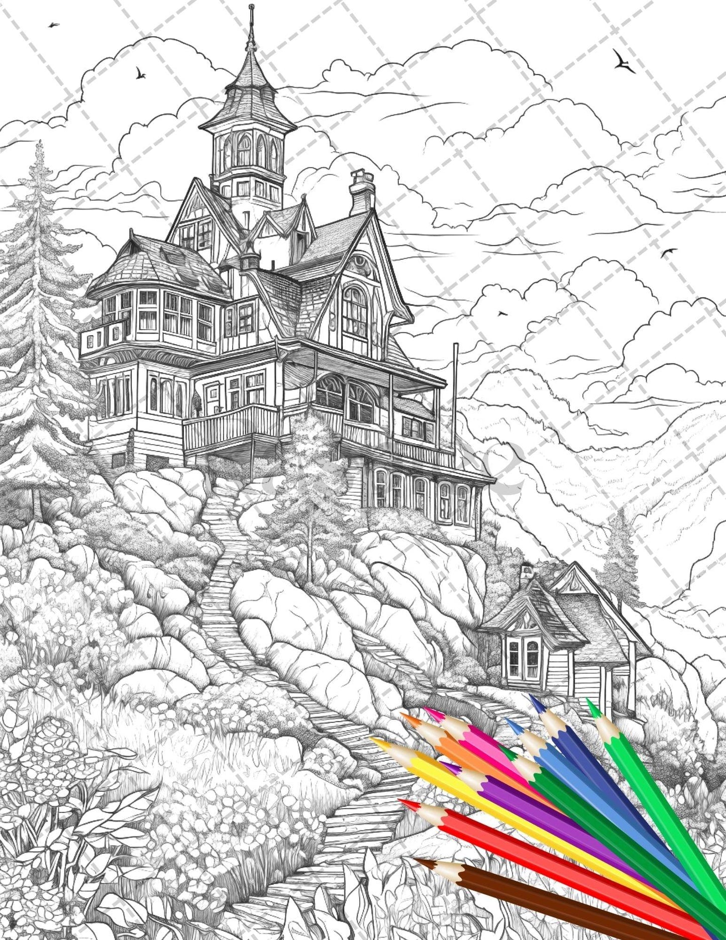 122 Fantasy Castles Coloring Book for Adults, Grayscale Coloring Page, Printable PDF Instant Download