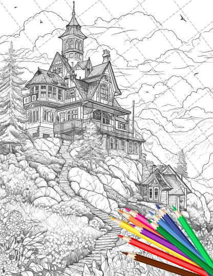 122 Fantasy Castles Coloring Book for Adults, Grayscale Coloring Page, Printable PDF Instant Download