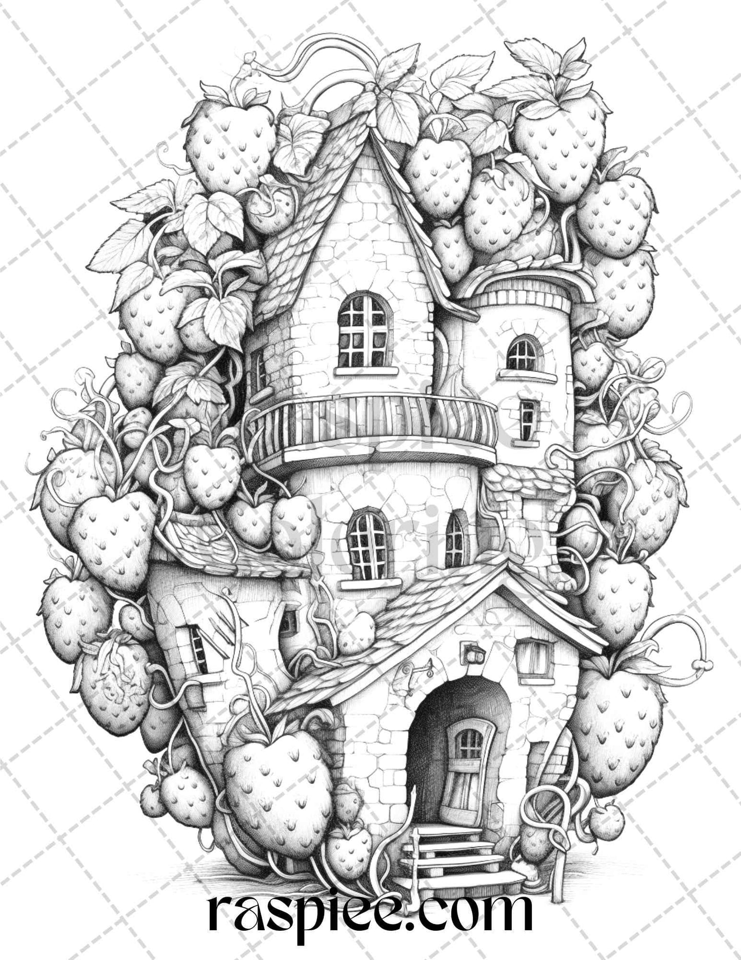 50 Strawberry Houses Grayscale Coloring Pages Printable for Adults Kids, PDF File Instant Download