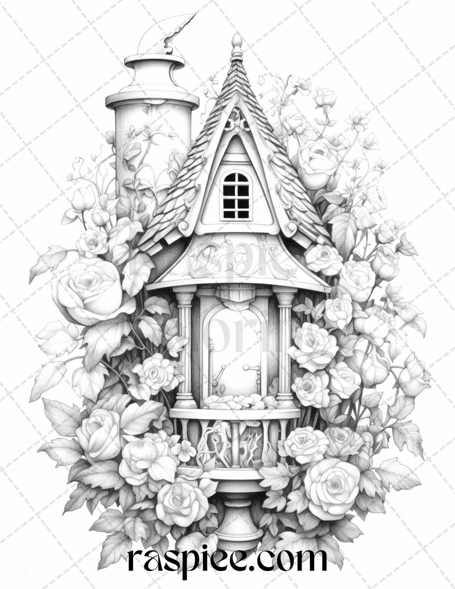 50 Lantern Fairy Houses Grayscale Coloring Pages Printable for Adults, PDF File Instant Download