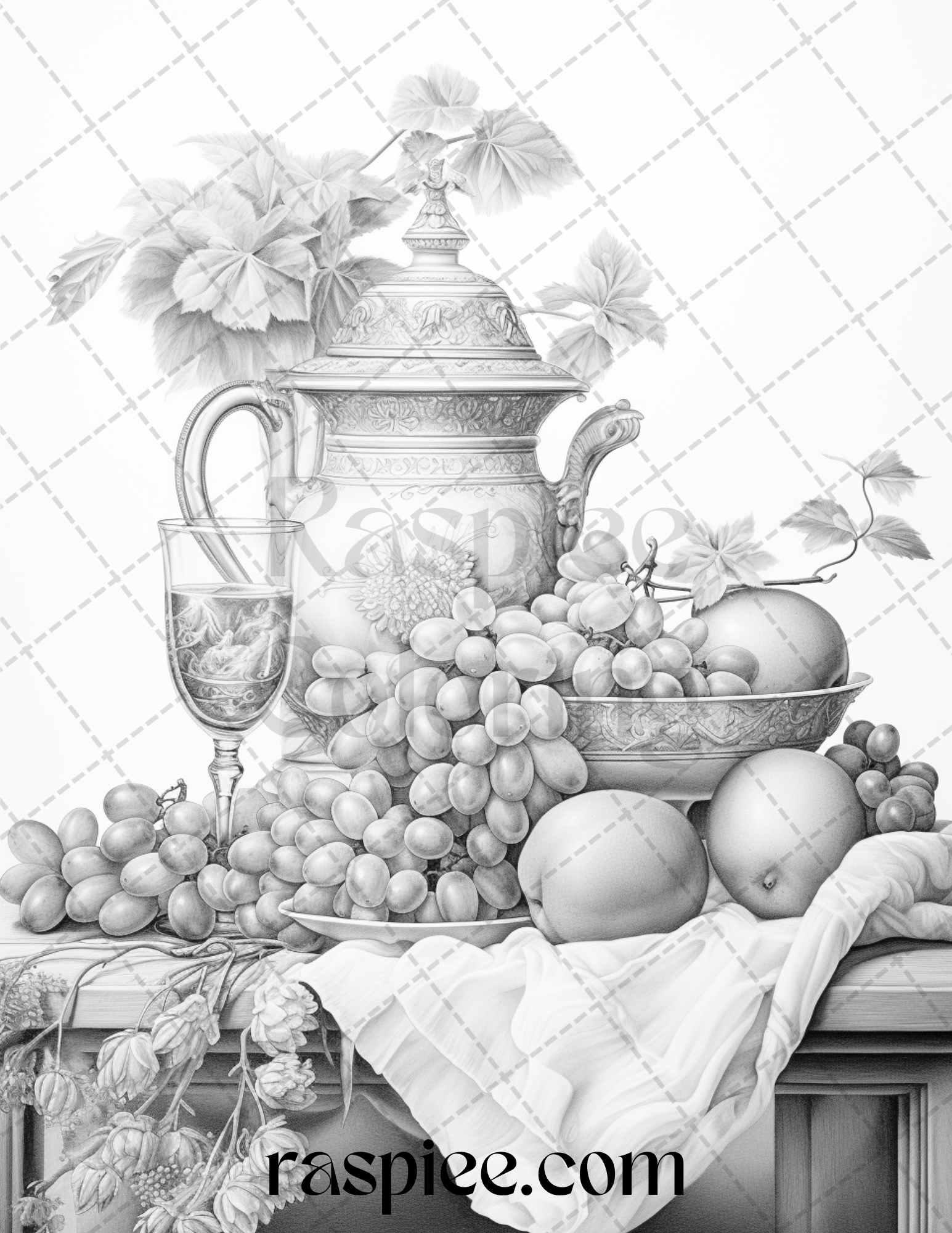 52 Still Life Grayscale Coloring Pages Printable for Adults, PDF File Instant Download
