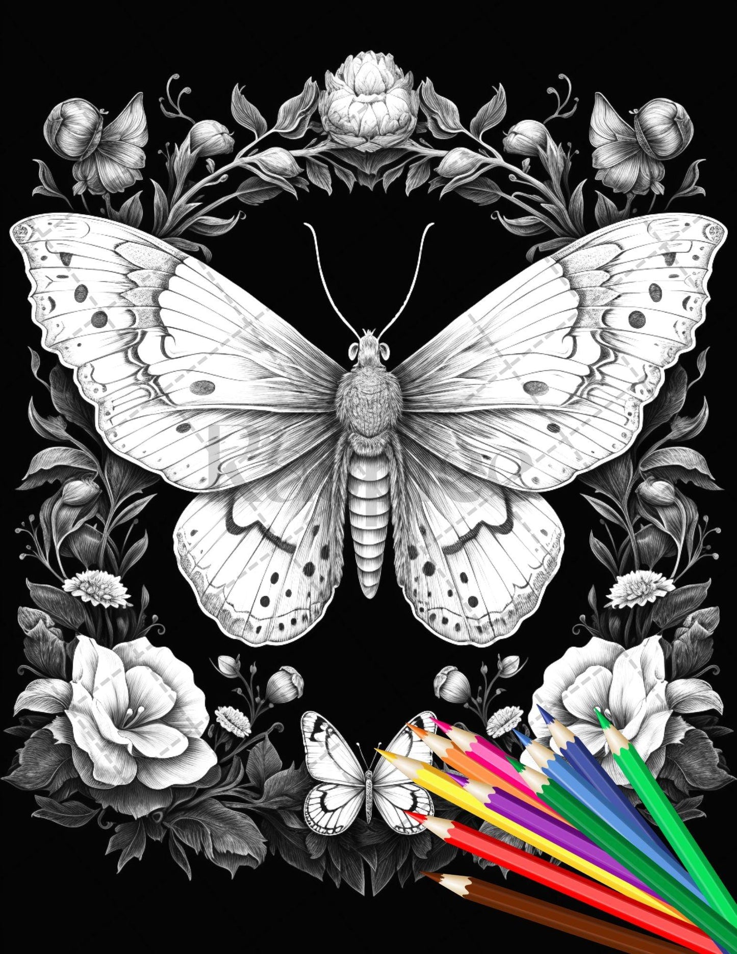32 Beautiful Moths and Floral Coloring Book for Adults, Grayscale Coloring Page, Printable PDF Instant Download
