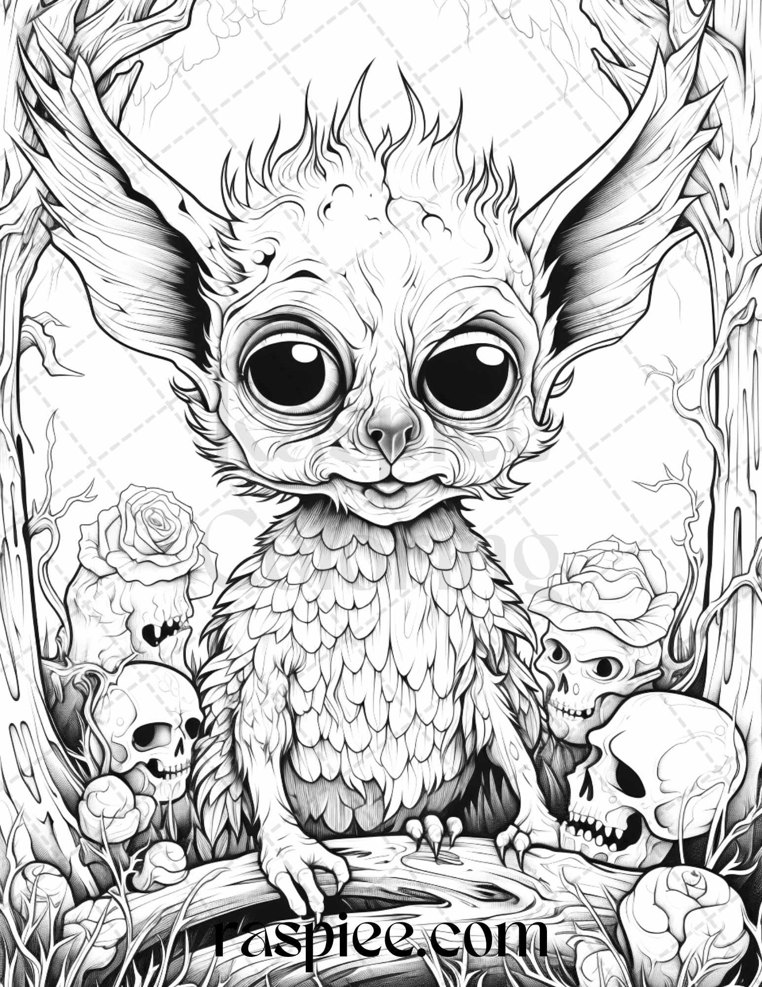 50 Halloween Scary Animals Grayscale Coloring Pages Printable for Adults, PDF File Instant Download