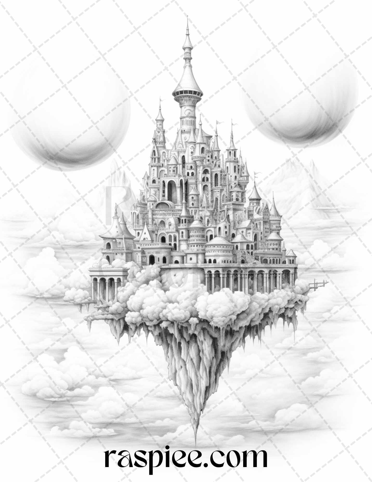 Floating Castle in the Sky Grayscale Coloring Pages for Adults, Printable PDF File Instant Download