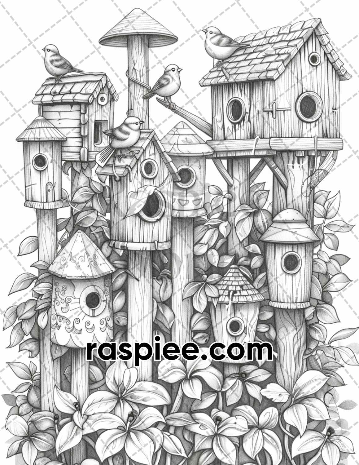 70 Enchanted Birdhouses Grayscale Adult Coloring Pages, Printable PDF Instant Download