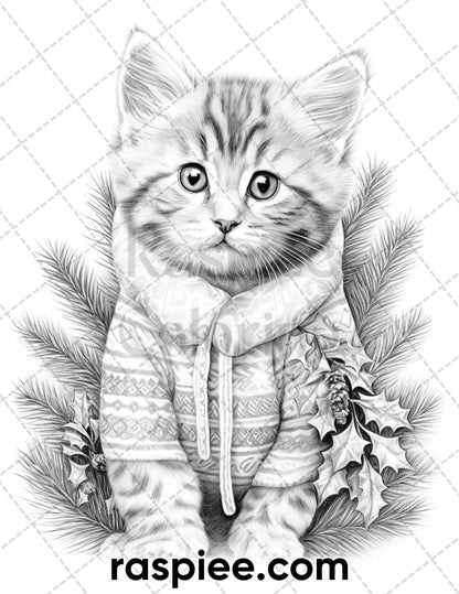 40 Christmas Cats Grayscale Coloring Pages for Adults, Printable PDF Instant Download