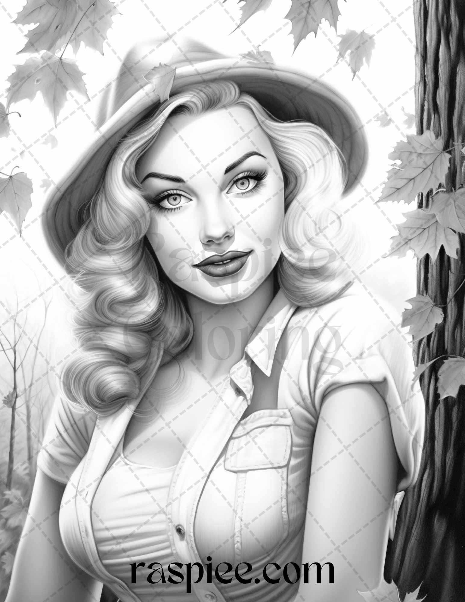 55 Autumn Pin Up Girls Grayscale Coloring Pages Printable for Adults, PDF File Instant Download