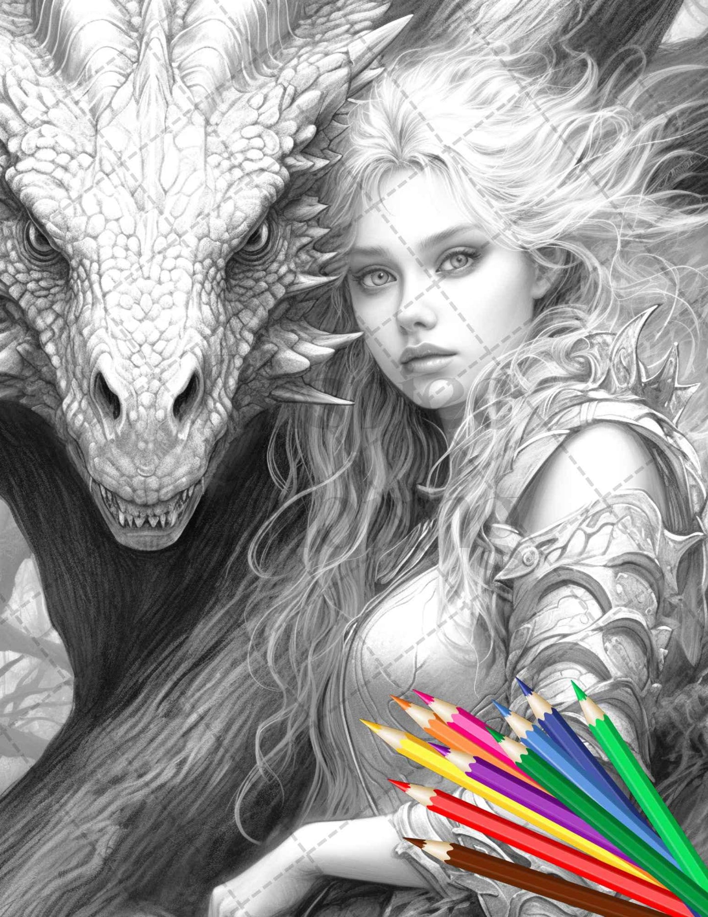 Enchanted Dragon Queens Grayscale Coloring Pages Printable for Adults, PDF File Instant Download