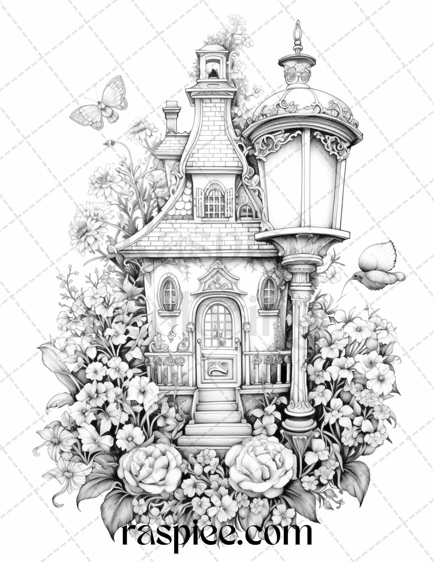 50 Lantern Fairy Houses Grayscale Coloring Pages Printable for Adults, PDF File Instant Download