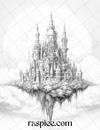 Floating Castle in the Sky Grayscale Coloring Pages for Adults, Printable PDF File Instant Download