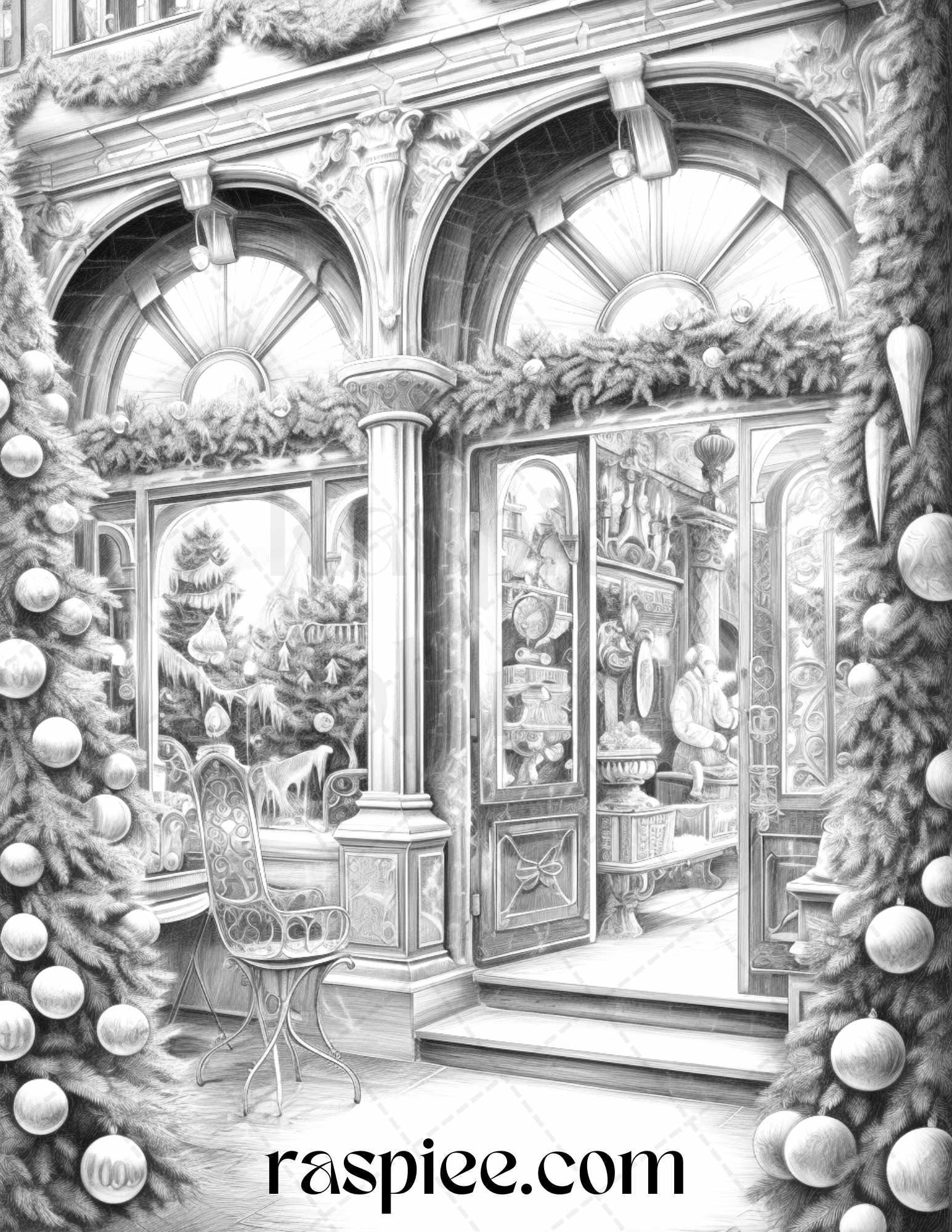 Christmas Store Front Grayscale Coloring Pages for Adults, PDF Printable Instant Download