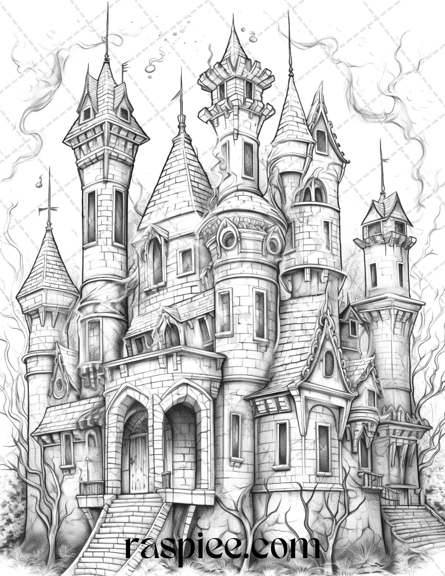 50 Haunted Castles Grayscale Coloring Pages Printable, Halloween Coloring Book, PDF File Instant Download