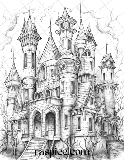 50 Haunted Castles Grayscale Coloring Pages Printable, Halloween Coloring Book, PDF File Instant Download