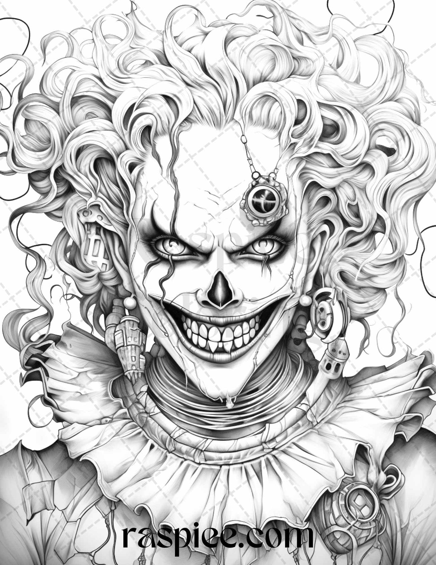 50 Scary Clown Girls Grayscale Coloring Pages Printable for Adults, PDF File Instant Download