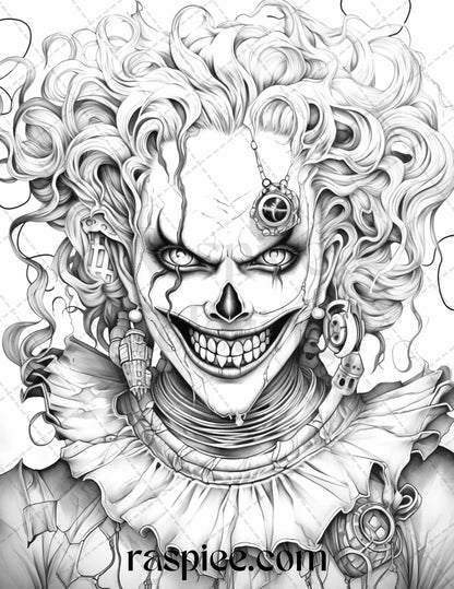 50 Scary Clown Girls Grayscale Coloring Pages Printable for Adults, PDF File Instant Download