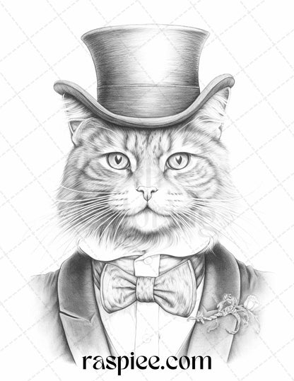 Gentleman Cat Grayscale Coloring Pages Printable for Adults Kids, PDF File Instant Download
