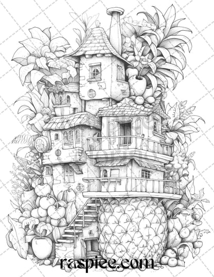50 Pineapple Houses Grayscale Coloring Pages Printable for Adults, PDF File Instant Download