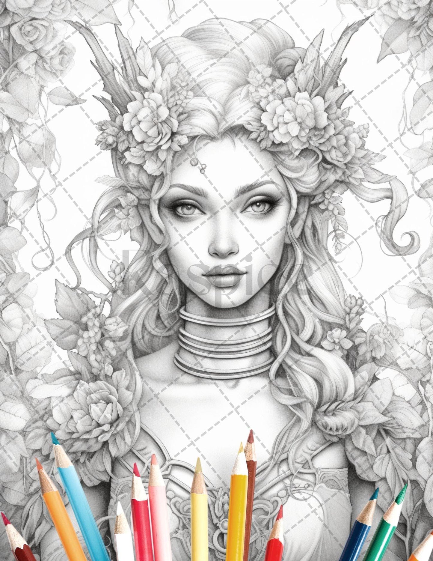 35 Beautiful Printable Elf Girls Coloring Book for Adults, Grayscale Coloring Page, PDF File Instant Download