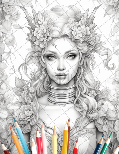 35 Beautiful Printable Elf Girls Coloring Book for Adults, Grayscale Coloring Page, PDF File Instant Download