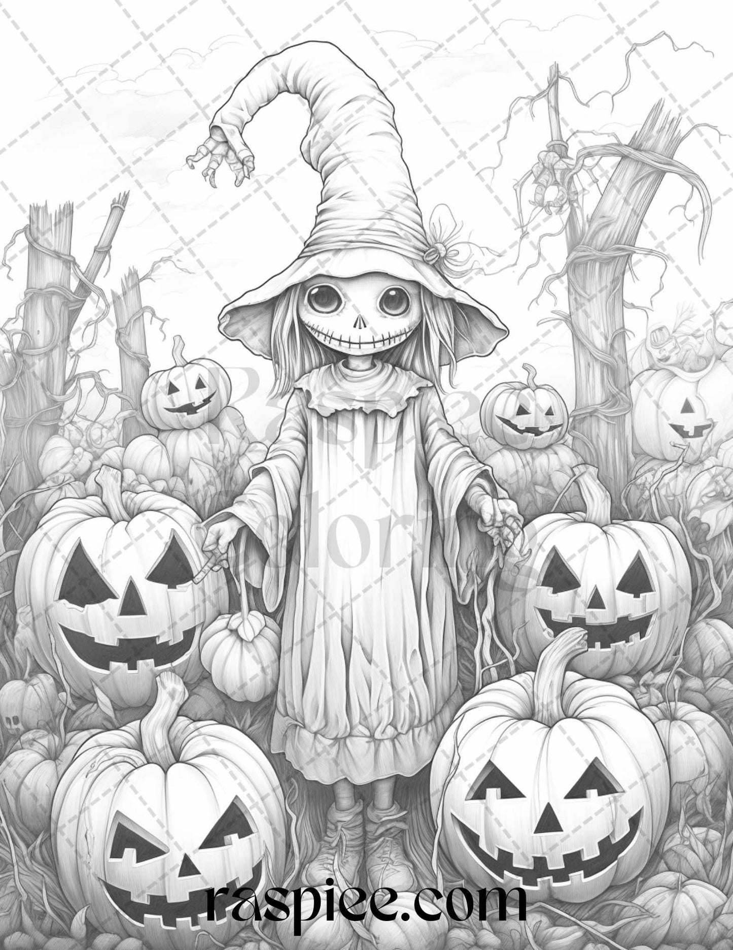 50 Halloween Scarecrows Grayscale Coloring Pages Printable for Adults, PDF File Instant Download