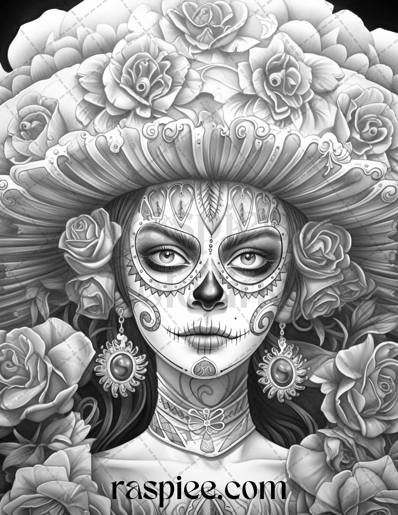 50 Day of the Dead Grayscale Coloring Pages Printable for Adults, PDF File Instant Download