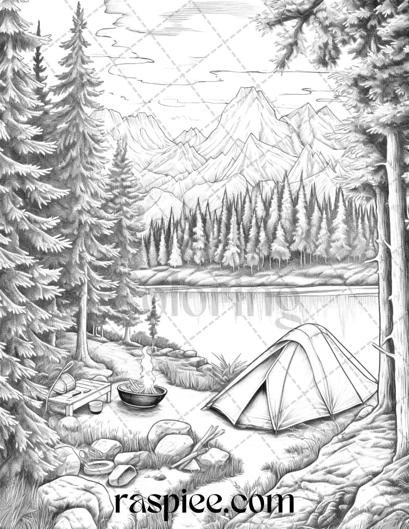 Nature Camping Grayscale Coloring Pages Printable, Relaxing Outdoor Scenes, PDF File Instant Download