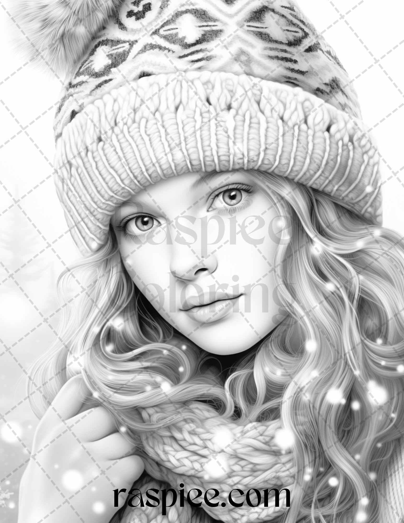 60 Beautiful Winter Girls Grayscale Coloring Pages Printable for Adults, PDF File Instant Download