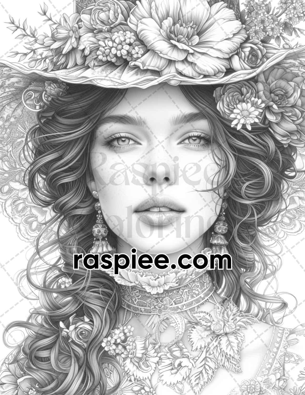 62 Spring Victorian Girl Portraits Grayscale Adult Coloring Pages, Printable PDF Instant Download