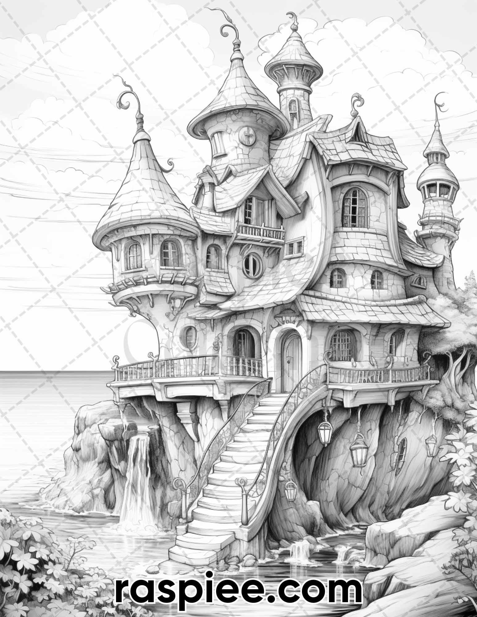 50 Fairy Beach Houses Grayscale Coloring Pages for Adults, Printable PDF Instant Download