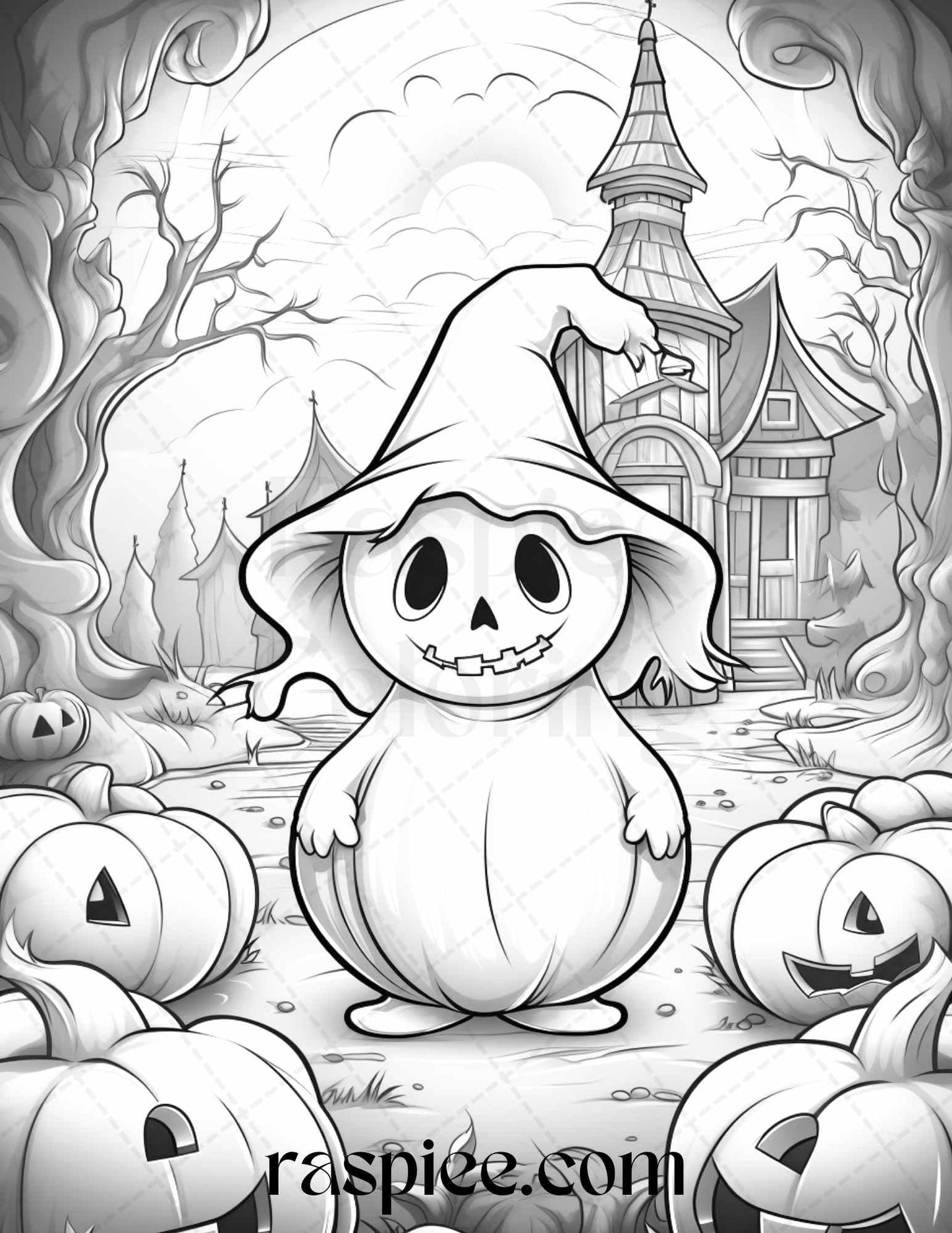 50 Halloween Cute Ghosts Grayscale Coloring Printable for Adults Kids, PDF File Instant Download
