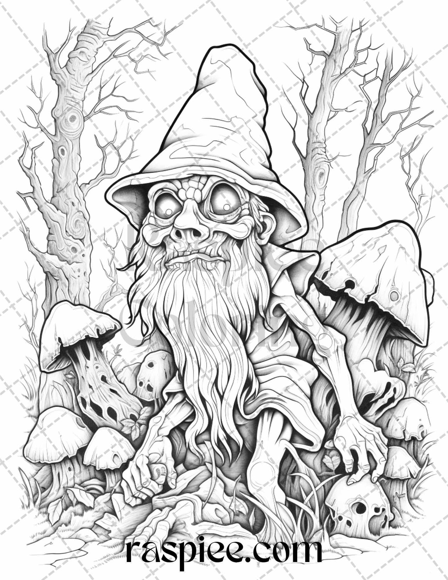 50 Horror Zombie Gnomes Grayscale Coloring Pages Printable for Adults, PDF File Instant Download