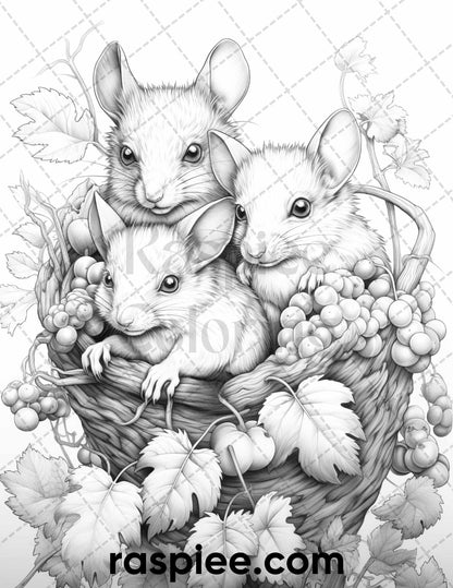 50 Enchanting Fairytale Mice Grayscale Coloring Pages Printable for Adults, PDF File Instant Download