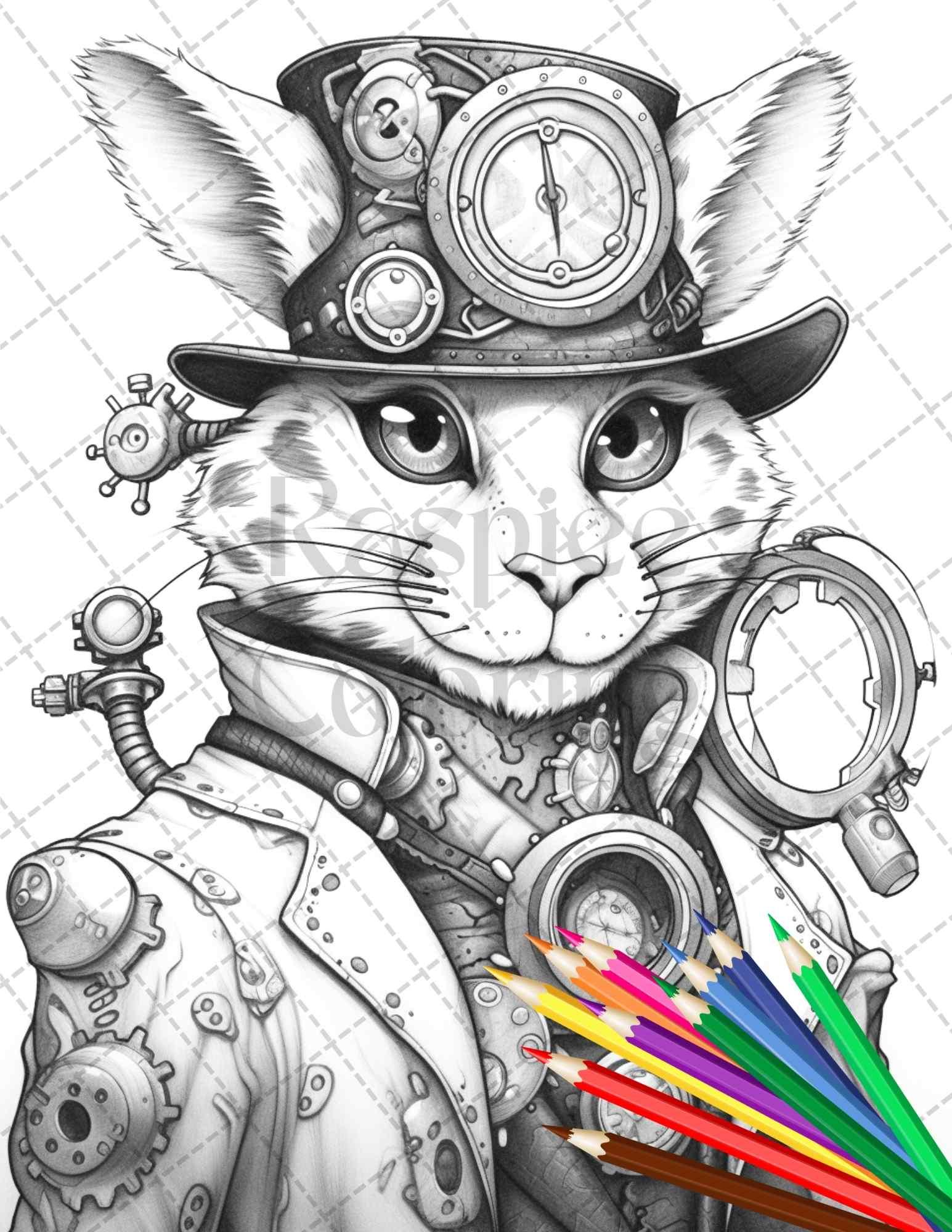 60 Steampunk Animals Grayscale Coloring Pages Printable for Adults, PDF File Instant Download