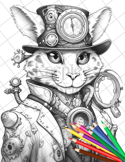 60 Steampunk Animals Grayscale Coloring Pages Printable for Adults, PDF File Instant Download