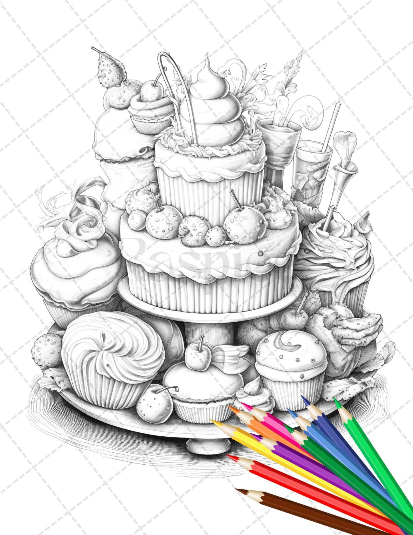 36 Sweet Desserts Coloring Pages Printable for Adults, Grayscale Coloring Page, PDF File Instant Download