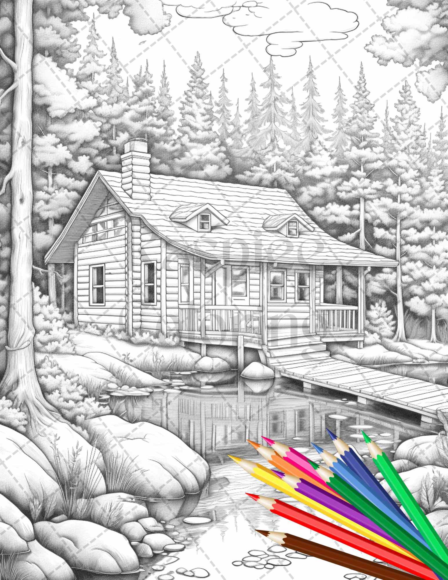 Lake Cabin Scenery Grayscale Coloring Pages Printable for Adults, PDF File Instant Download
