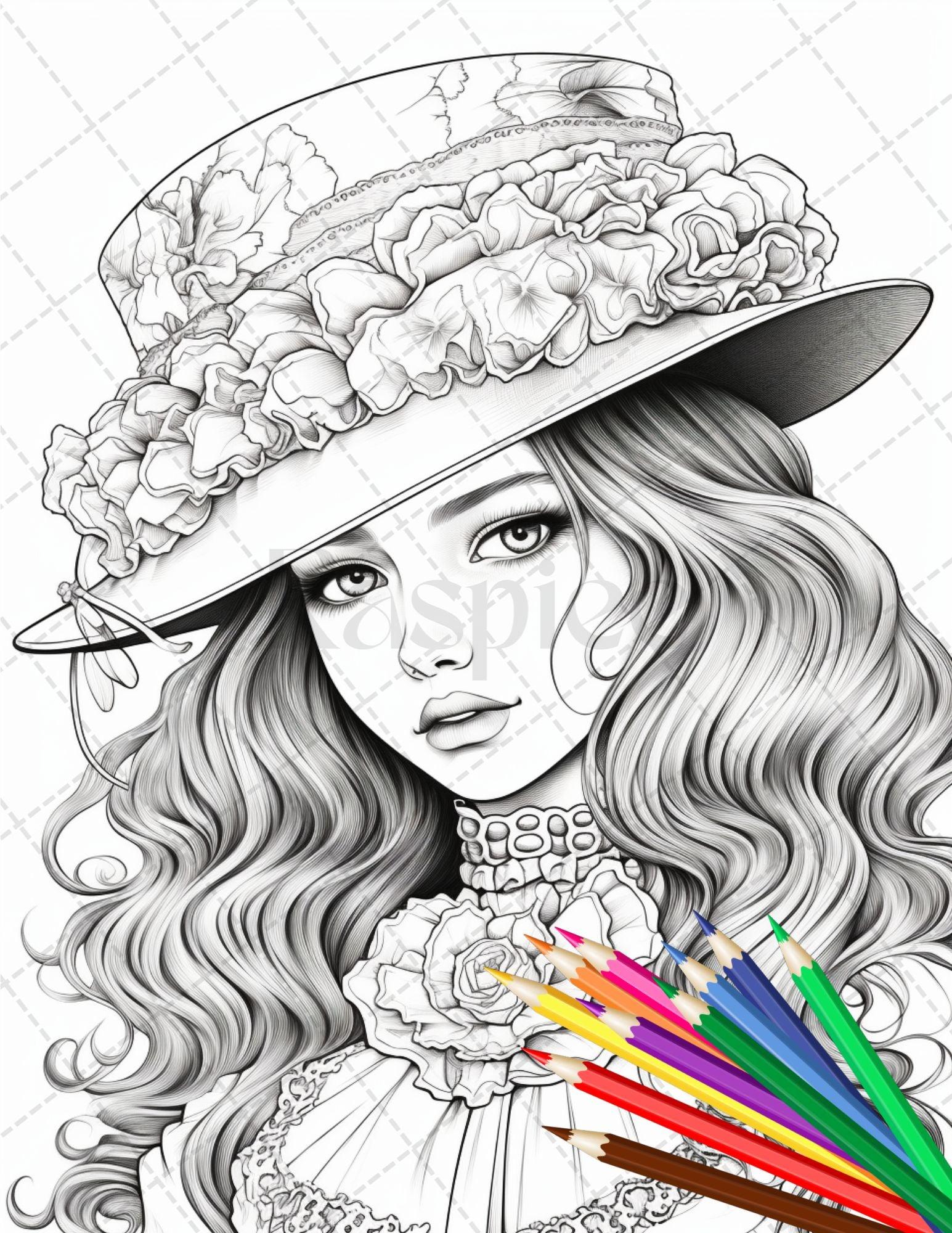 36 Beautiful Victorian Girls Coloring Pages Printable for Adults, Grayscale Coloring Page, PDF File Instant Download