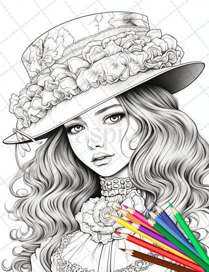 36 Beautiful Victorian Girls Coloring Pages Printable for Adults, Grayscale Coloring Page, PDF File Instant Download