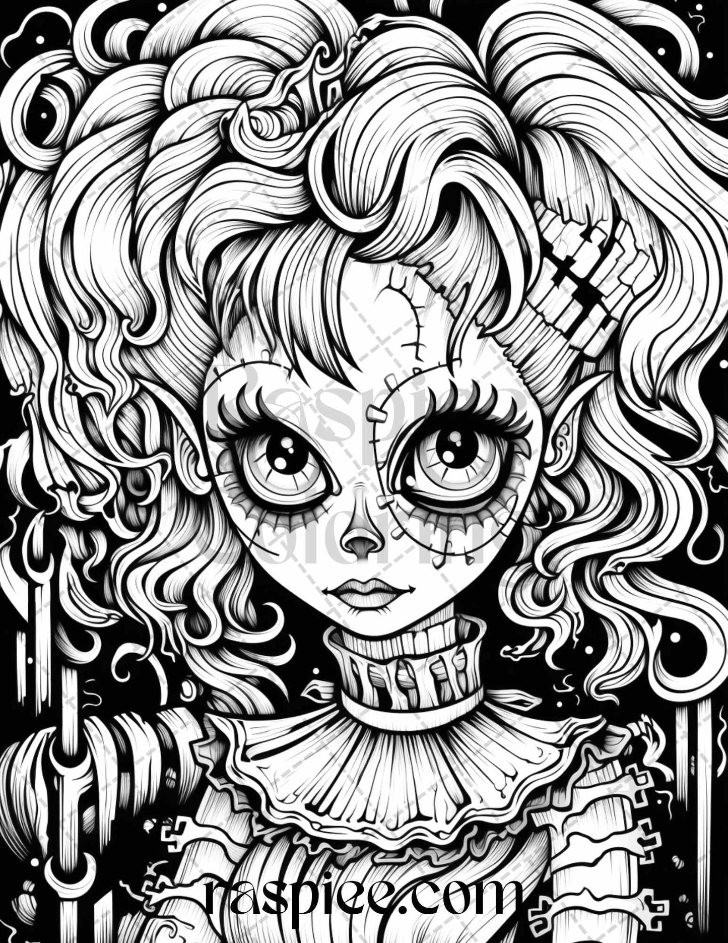 50 Spooky Miss Nightmare Grayscale Coloring Pages Printable for Adults, PDF File Instant Download