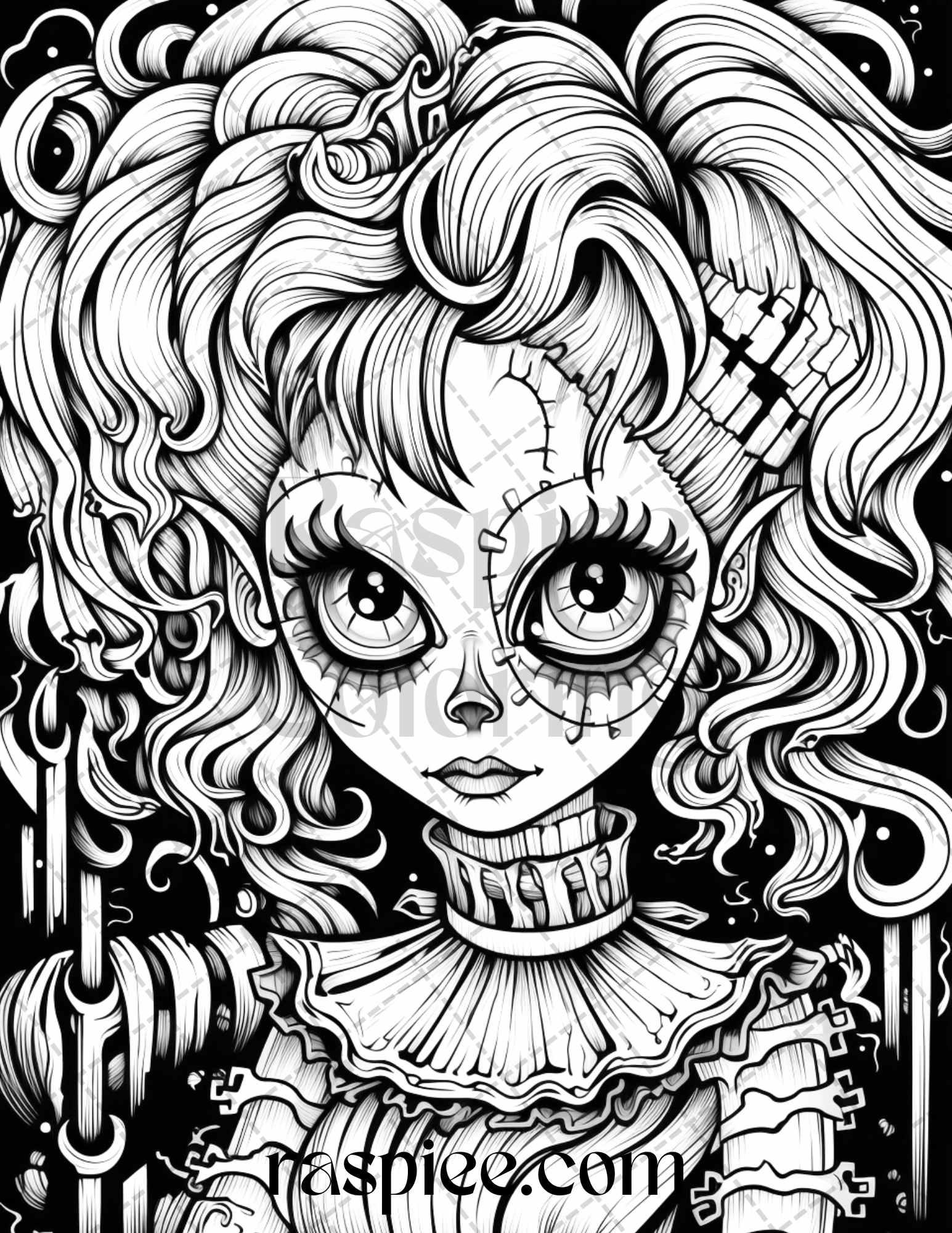 50 Spooky Miss Nightmare Grayscale Coloring Pages Printable for Adults, PDF File Instant Download