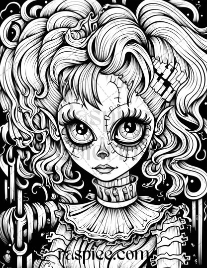 50 Spooky Miss Nightmare Grayscale Coloring Pages Printable for Adults, PDF File Instant Download