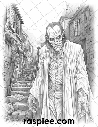 50 Count Dracula Grayscale Coloring Pages Printable for Adults, PDF File Instant Download