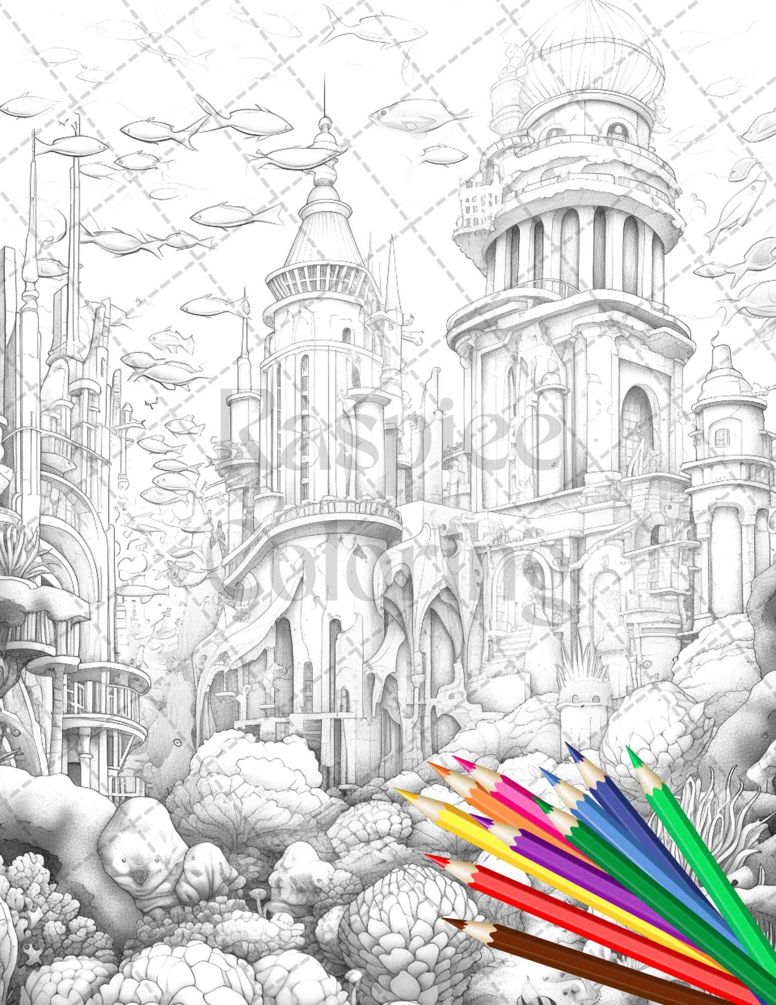 Enchanted Underwater City Grayscale Coloring Pages Printable for Adults, PDF File Instant Download
