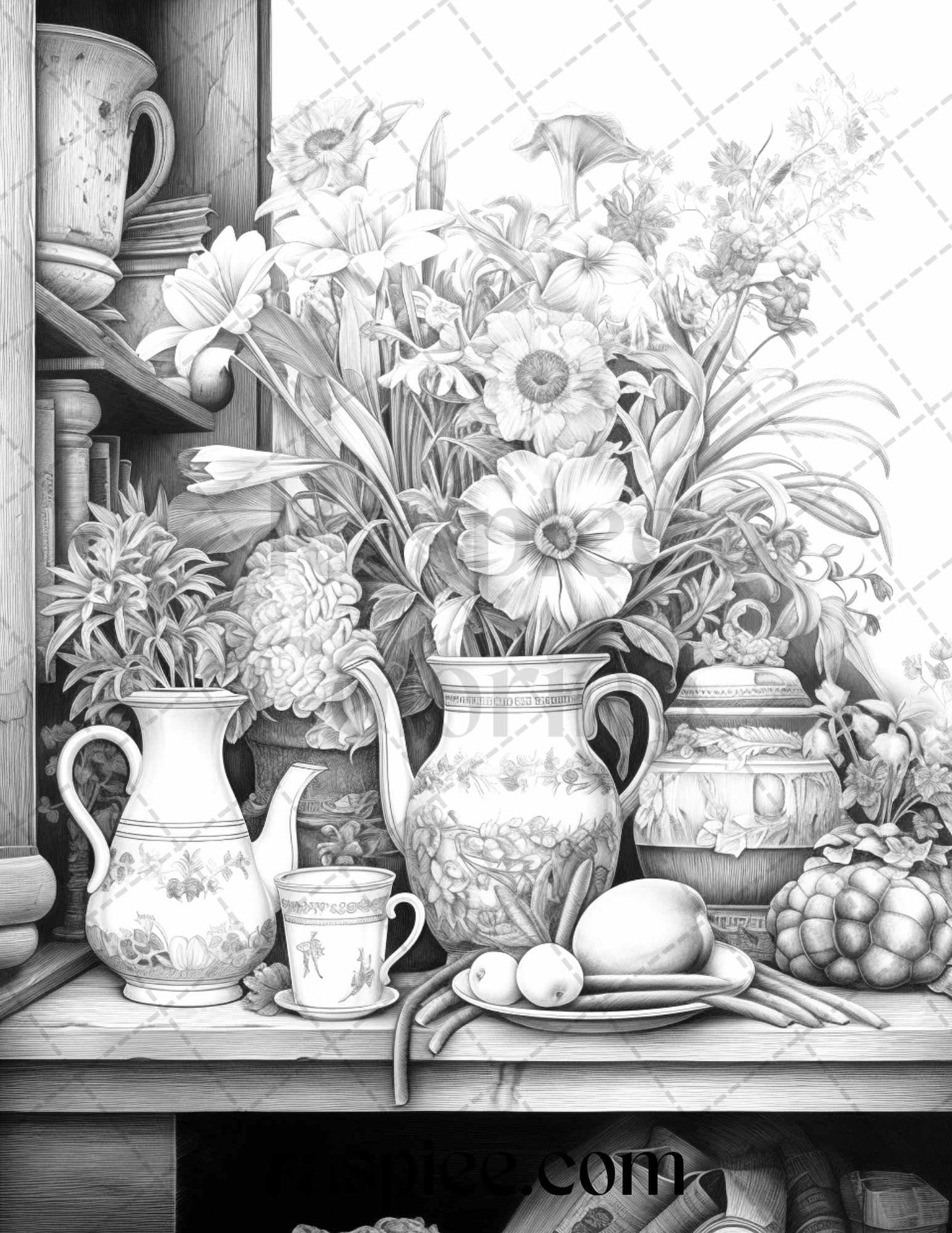 52 Still Life Grayscale Coloring Pages Printable for Adults, PDF File Instant Download