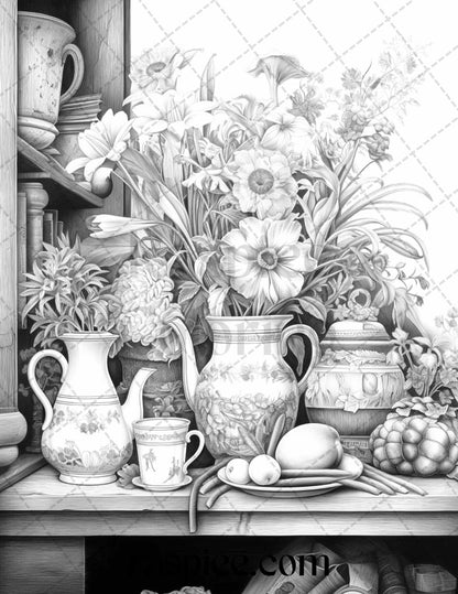 52 Still Life Grayscale Coloring Pages Printable for Adults, PDF File Instant Download